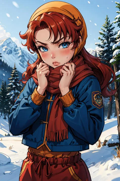 masterpiece, best quality, maribel, red hair, puffy winter jacket, sweatpants, snow, field, alpine forest, scarf, looking at viewer, pouting, blush <lora:maribel-nvwls-v1-000011:0.8>