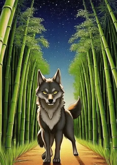 bamboo forest ,(cute),animal focus,night, starry sky, wolf,