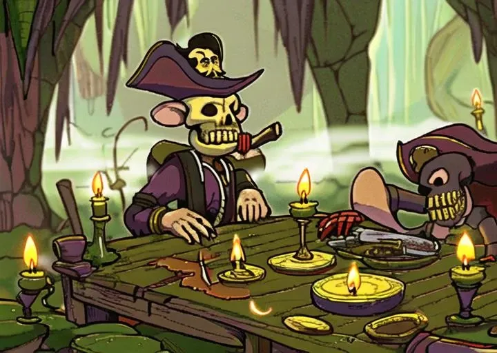 Knife, wooden table, gold coins, blood, terror, fog, skeleton, moss, incects, dust, maps, pirate clothes, pirate hat, old gun. cave,wax candle,horror (theme),dust, dirt, blood, grime,( rats), (rotten cheese)