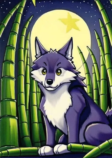 bamboo forest ,(cute),animal focus,night, starry sky, wolf,