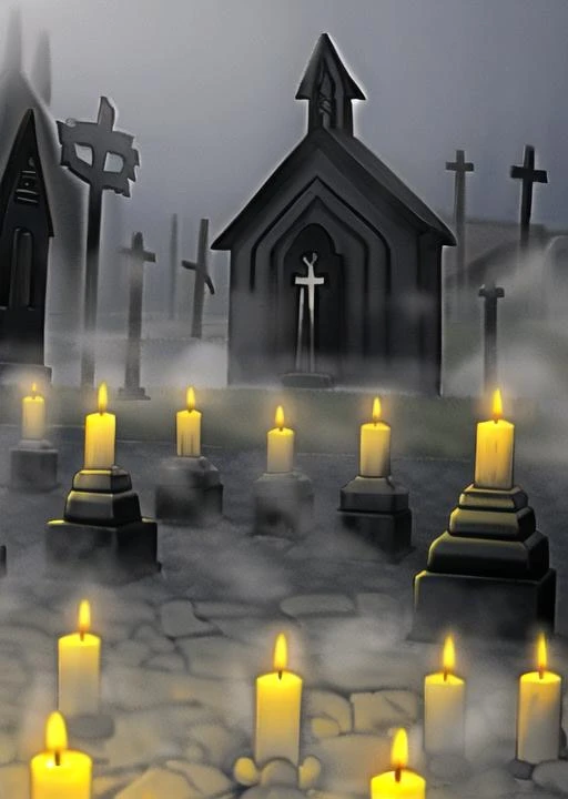 church, cemetery, fog, terror, graves, night, wax candles,horror (theme), fog,