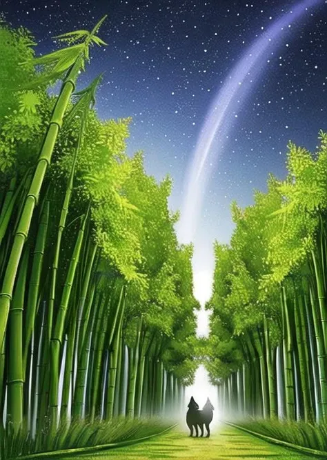 bamboo forest ,(cute),animal focus,night, starry sky, wolf,