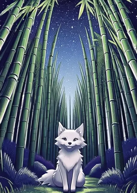 bamboo forest ,(cute),animal focus,night, starry sky, wolf,