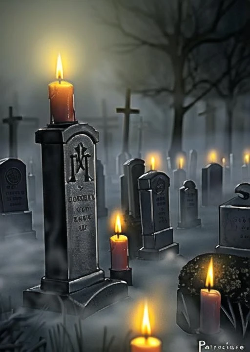 church, cemetery, fog, terror, graves, night, wax candles,horror (theme), fog,