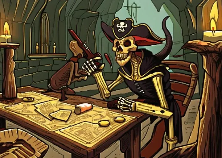 Knife, wooden table, gold coins, blood, terror, fog, skeleton, moss, incects, dust, maps, pirate clothes, pirate hat, old gun. cave,wax candle,horror (theme),dust, dirt, blood, grime,( rats), (rotten cheese)