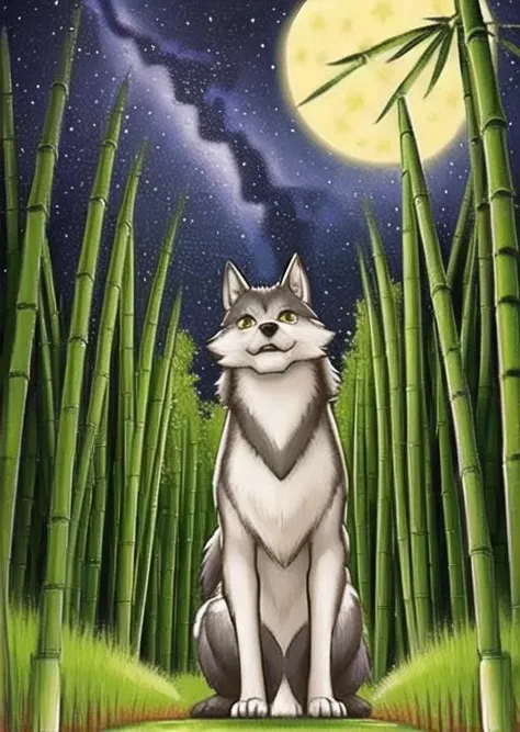 bamboo forest ,(cute),animal focus,night, starry sky, wolf,