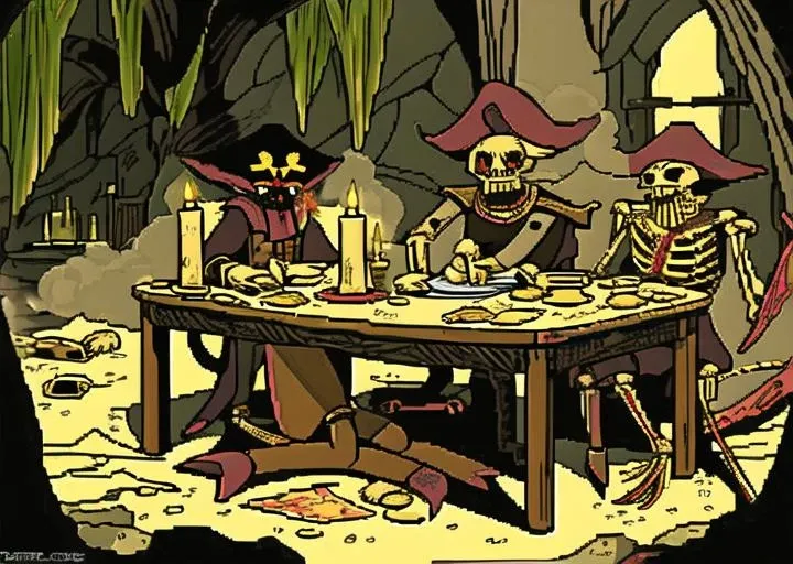 Knife, wooden table, gold coins, blood, terror, fog, skeleton, moss, incects, dust, maps, pirate clothes, pirate hat, old gun. cave,wax candle,horror (theme),dust, dirt, blood, grime,( rats), (rotten cheese)