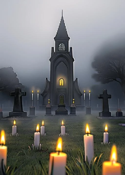 church, cemetery, fog, terror, graves, night, wax candles,horror (theme), fog,