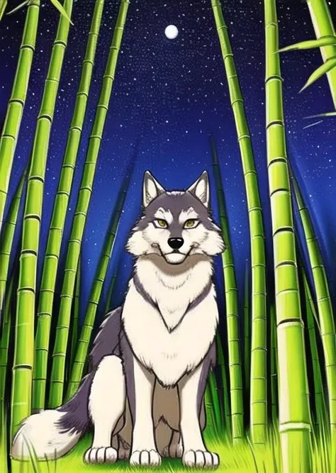 bamboo forest ,(cute),animal focus,night, starry sky, wolf,