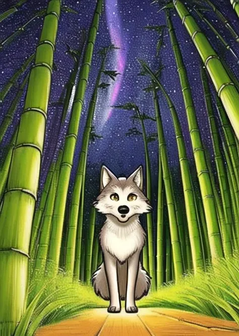 bamboo forest ,(cute),animal focus,night, starry sky, wolf,