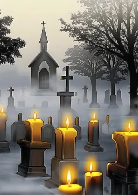 church, cemetery, fog, terror, graves, night, wax candles,horror (theme), fog,