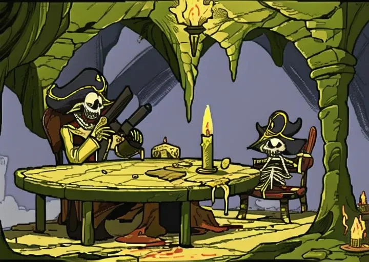 Knife, wooden table, gold coins, blood, terror, fog, skeleton, moss, incects, dust, maps, pirate clothes, pirate hat, old gun. cave,wax candle,horror (theme),dust, dirt, blood, grime,( rats), (rotten cheese)