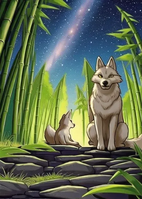 bamboo forest ,(cute),animal focus,night, starry sky, wolf,