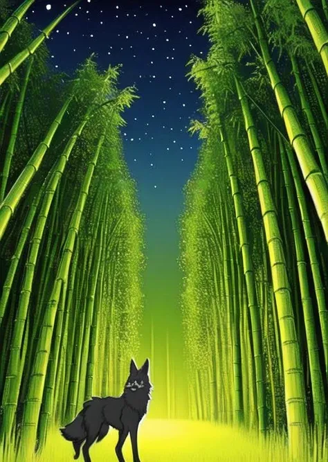 bamboo forest ,(cute),animal focus,night, starry sky, wolf,