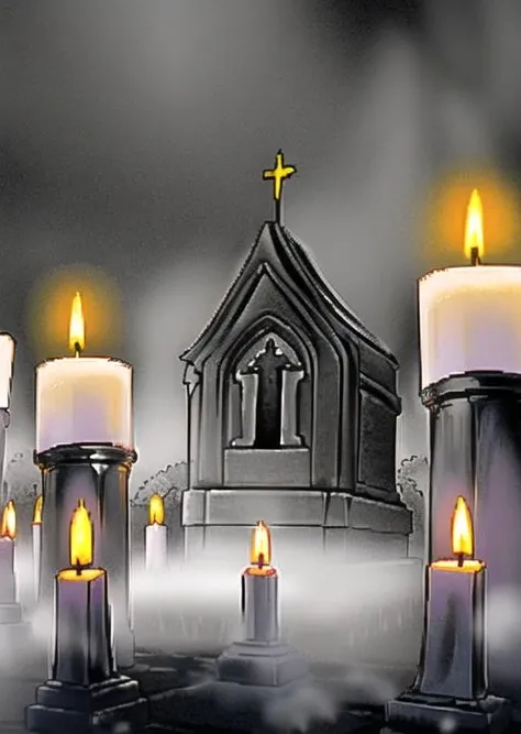 church, cemetery, fog, terror, graves, night, wax candles,horror (theme), fog,