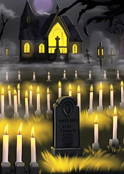 church, cemetery, fog, terror, graves, night, wax candles,horror (theme), fog,