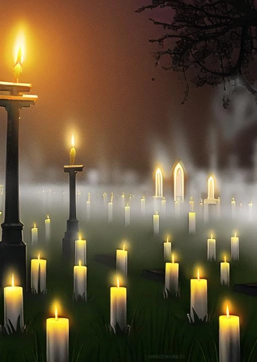 church, cemetery, fog, terror, graves, night, wax candles,horror (theme), fog,