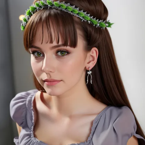 Best quality, highly detailed image, masterpiece, ultra high res, cute women, realistic lighting, cute gray dress, beautiful hair style, princess crown, highly detailed green eyes, highly detailed face, beautiful body