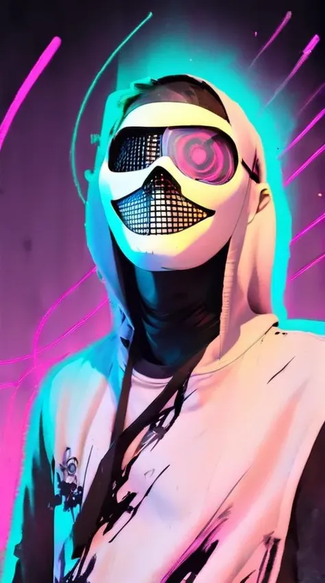 ink punk STYLE, drawing, illustration, white plastic mask, <lora:last-000007:1> illustration art hero <lora:IPXL_v2:1.4> neon lights bloom
