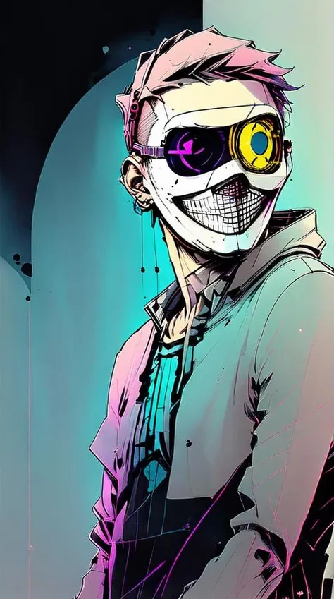 ink punk STYLE, drawing, illustration, white plastic mask, <lora:last-000007:1> illustration art hero <lora:IPXL_v2:1.4> dj arena