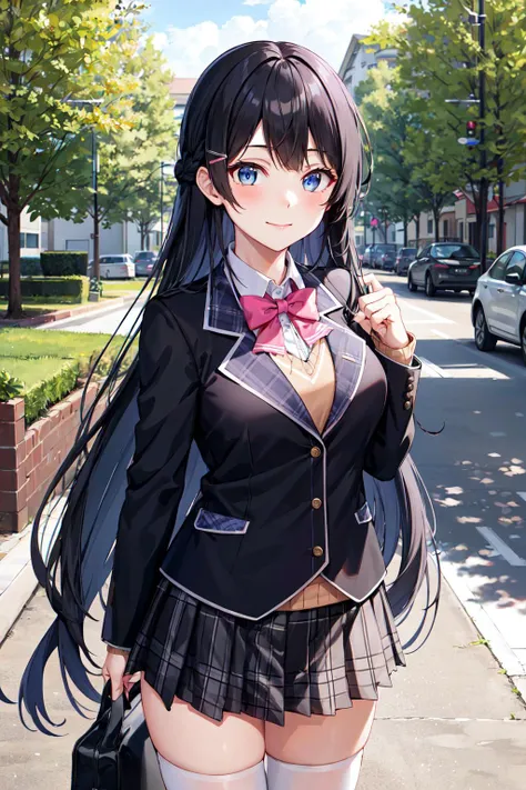 1girl, solo, tsukino mito, long hair, virtual youtuber, skirt, thighhighs, black hair, jacket, bow, blazer, black jacket, hairclip, hair ornament, white thighhighs, bangs, braid, pleated skirt, pink bow, , bowtie, very long hair, long sleeves, shirt, collared shirt, white shirt, blue eyes, pink bowtie, plaid skirt, plaid, black skirt, miniskirt, standing, outdoors, street,