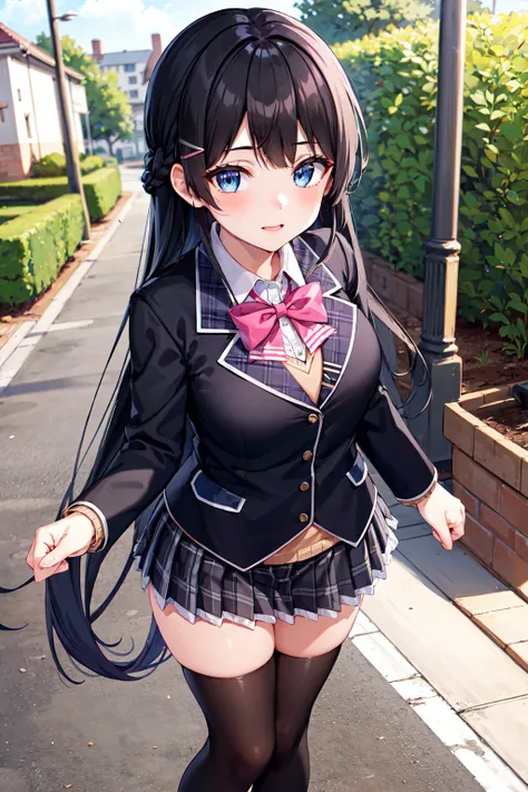 1girl, solo, tsukino mito, long hair, virtual youtuber, skirt, thighhighs, black hair, jacket, bow, blazer, black jacket, hairclip, hair ornament, white thighhighs, bangs, braid, pleated skirt, pink bow, school uniform, bowtie, very long hair, long sleeves, shirt, collared shirt, white shirt, blue eyes, pink bowtie, plaid skirt, plaid, black skirt, miniskirt, standing, <lora:tsukino_mito_v2-000002:0.5>, outdoors, street,