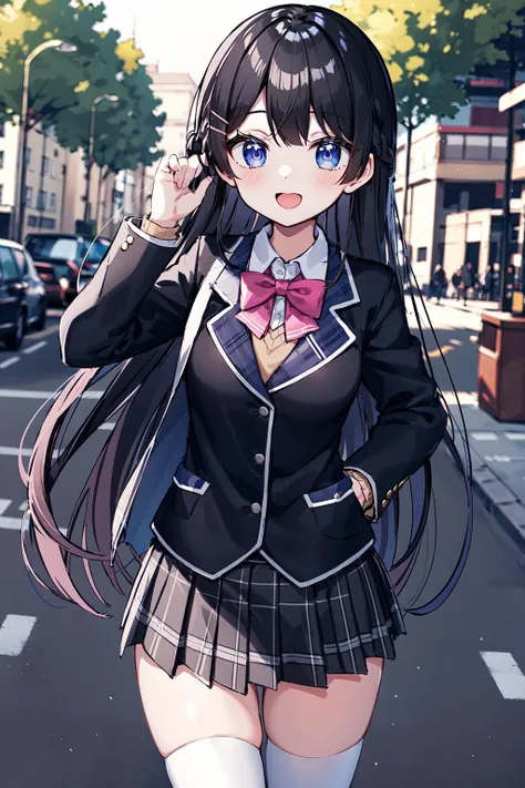 tsukino mito, long hair, virtual youtuber, skirt, thighhighs, black hair, jacket, bow, blazer, black jacket, hairclip, hair ornament, white thighhighs, bangs, braid, pleated skirt, pink bow, school uniform, bowtie, very long hair, long sleeves, shirt, collared shirt, white shirt, blue eyes, pink bowtie, plaid skirt, plaid, black skirt, miniskirt, standing, outdoors, <lora:tsukino_mito_v2-000002:0.5>