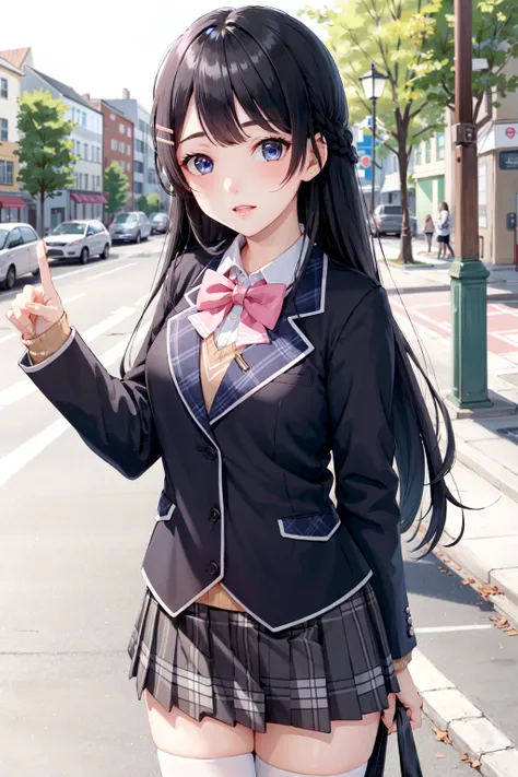 1girl, solo, tsukino mito, long hair, virtual youtuber, skirt, thighhighs, black hair, jacket, bow, blazer, black jacket, hairclip, hair ornament, white thighhighs, bangs, braid, pleated skirt, pink bow, school uniform, bowtie, very long hair, long sleeves, shirt, collared shirt, white shirt, blue eyes, pink bowtie, plaid skirt, plaid, black skirt, miniskirt, standing, <lora:tsukino_mito_v2-000002:0.5>, outdoors, street