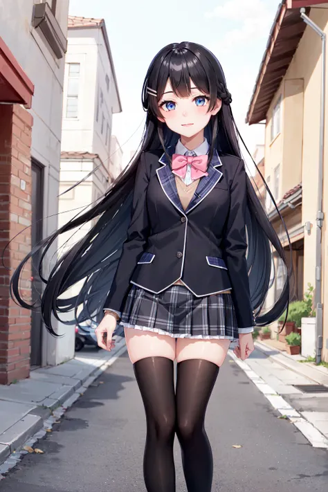 1girl, solo, tsukino mito, long hair, virtual youtuber, skirt, thighhighs, black hair, jacket, bow, blazer, black jacket, hairclip, hair ornament, white thighhighs, bangs, braid, pleated skirt, pink bow, school uniform, bowtie, very long hair, long sleeves, shirt, collared shirt, white shirt, blue eyes, pink bowtie, plaid skirt, plaid, black skirt, miniskirt, standing, <lora:tsukino_mito_v2-000002:0.5>, outdoors, street