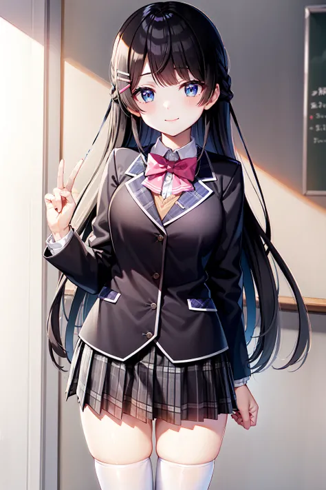 tsukino mito, long hair, virtual youtuber, skirt, thighhighs, black hair, jacket, bow, blazer, black jacket, hairclip, hair ornament, white thighhighs, bangs, braid, pleated skirt, pink bow, school uniform, bowtie, very long hair, long sleeves, shirt, collared shirt, white shirt, blue eyes, pink bowtie, plaid skirt, plaid, black skirt, miniskirt, standing, <lora:tsukino_mito_v2-000002:0.5>