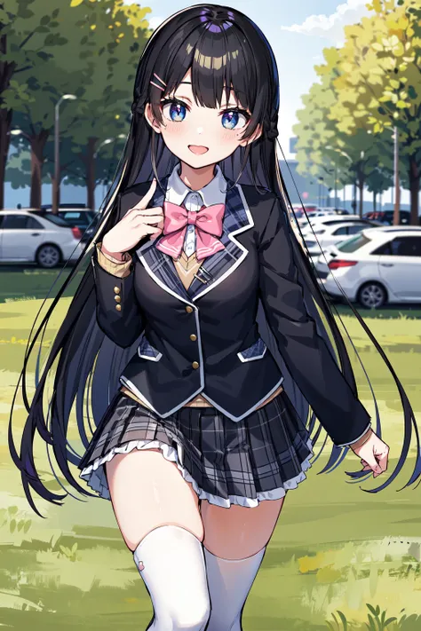 tsukino mito, long hair, virtual youtuber, skirt, thighhighs, black hair, jacket, bow, blazer, black jacket, hairclip, hair ornament, white thighhighs, bangs, braid, pleated skirt, pink bow, school uniform, bowtie, very long hair, long sleeves, shirt, collared shirt, white shirt, blue eyes, pink bowtie, plaid skirt, plaid, black skirt, miniskirt, standing, outdoors, <lora:tsukino_mito_v2-000002:0.5>