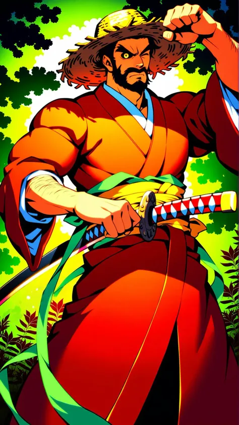 (zPDXL), (((cowboy shot))), (((dynamic pose))), (((dynamic angle))), sehele style, webtoon, anime, centered, perfect hands, 1man, holding sheltered katana sword, (((straw hat))), bearded samurai, determined expression, left eye closed, right eye glowing yellow, black sclera, red kimono, red kimono, green forest, medieval fantasy, <lora:sd_xl_dpo_lora_v1:1>, <lora:Seunghee_Lee_Style_PDXL:1>