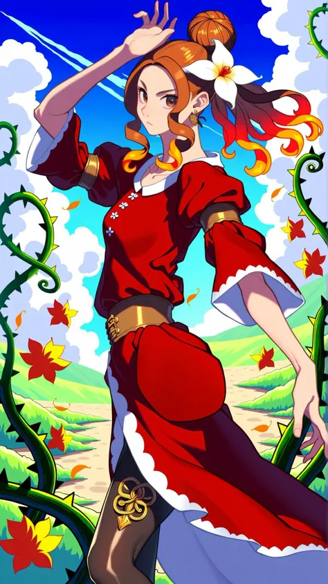 (zPDXL), (((cowboy shot))), (((dynamic pose))), (((dynamic angle))), sehele style, webtoon, anime, centered, perfect hands, 1girl, 1woman, Tousled fiery red hair locks that often escape her messy 1bun, Warm golden brown eyes with a mischievous glint, A wildflower-adorned headband holds back her unruly hair; a flowing earth-toned tunic with intricate vine patterns; her legs are clad in leather leggings, metal studs shaped like leaves and vines, outdoors, medieval fantasy, <lora:sd_xl_dpo_lora_v1:1>, <lora:Seunghee_Lee_Style_PDXL:1>