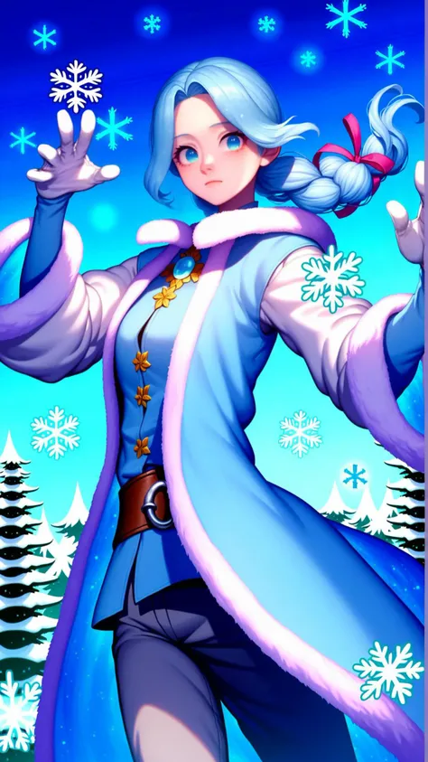 (zPDXL), (((cowboy shot))), (((dynamic pose))), (((dynamic angle))), sehele style, webtoon, anime, centered, perfect hands, 1girl, 1woman, Icy blue hair locks that seem to shimmer like frost, Bright icy blue eyes with vertical pupils, A flowing white coat with intricate silver embroidery depicting snowflakes and icicles; her gloves are made of a glittering, ice-blue material that seems almost ethereal, outdoors, medieval fantasy, <lora:sd_xl_dpo_lora_v1:1>, <lora:Seunghee_Lee_Style_PDXL:1>