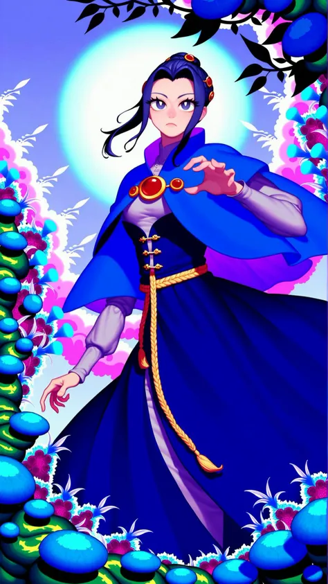 (zPDXL), (((cowboy shot))), (((dynamic pose))), (((dynamic angle))), sehele style, webtoon, anime, centered, perfect hands, 1girl, 1woman, Raven-black hair locks, dark mysterious indigo eyes with vertical pupils, A flowing black gown with intricate silver embroidery depicting vines and flowers; her cloak is a deep, rich purple with subtle shimmering threads that catch the light, outdoors, medieval fantasy, <lora:sd_xl_dpo_lora_v1:1>, <lora:Seunghee_Lee_Style_PDXL:1>