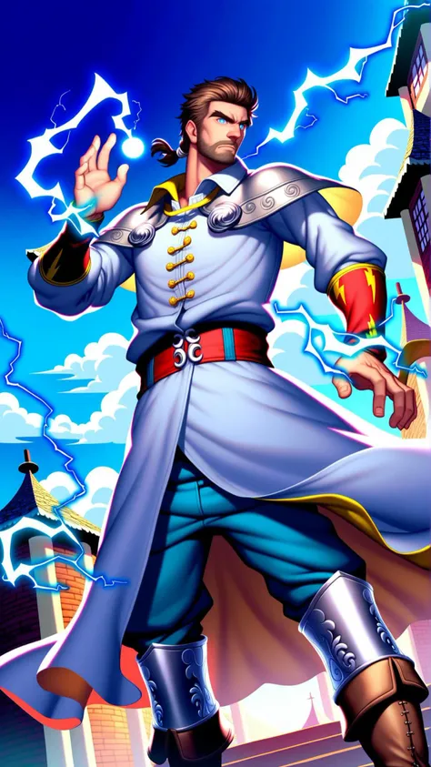 (zPDXL), (((cowboy shot))), (((dynamic pose))), (((dynamic angle))), sehele style, webtoon, anime, centered, perfect hands, 1boy, 1man, electricity, Wind-blown dark brown hair locks that often fall across his face, A lightweight wind-resistant gray silver cloak, Electric blue eyes with vertical pupils, his tunic is a deep stormy blue with intricate metalwork resembling lightning bolts, his boots are knee-high and have a subtle glow when he's near thunderstorms, outdoors, medieval fantasy, <lora:sd_xl_dpo_lora_v1:1>, <lora:Seunghee_Lee_Style_PDXL:1>