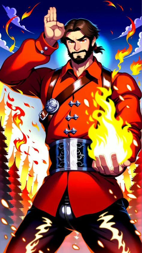 (zPDXL), (((cowboy shot))), (((dynamic pose))), (((dynamic angle))), sehele style, webtoon, anime, centered, perfect hands, 1boy, 1man, beard, Burnished copper color hair locks that often fall across his forehead, Fiery burning orange eyes, A leather tunic in color of red and orange, adorned with intricate metalwork resembling flames; (((his pants are dark brown with subtle embroidery resembling embers and sparks))), outdoors, medieval fantasy, <lora:sd_xl_dpo_lora_v1:1>, <lora:Seunghee_Lee_Style_PDXL:1>
