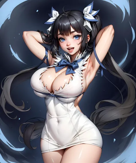 ((masterpiece)), ((best quality)), (details), hyper detailed, perfect anatomy, lifting tits,(extremely detailed CG unity 8k wallpaper:1.1), intricate details, outline, high resolution, beautiful, masterpiece, best quality, saturated, ultra-detailed, perfect lighting, vibrant colors, illustration, (volumetric lightning), intricate details , 1girl, solo, (nsfw), highly detailed eyes, beautiful eyes, big tits, abs, toned, horny, open mouth, sweat <lora:hestiaDanmachiLora_v10:1> hestia (danmachi), breasts, long hair, blue ribbon, twintails, gloves, ribbon, dress, rei no himo, large breasts, blue eyes, black hair, white gloves, cleavage, white dress, hair ribbon, bow, sleeveless, sleeveless dress, bangs, cleavage cutout, hair ornament, bowtie, clothing cutout, very long hair, covered navel, arm ribbon, <lora:gigatitums_:0.15>, stretched clothing, tight dress, fabric stretching, hips, big ass, (perfect teeth), horny smile, closed mouth smile, <lora:eyeLora_eyesV10:0.3>, loraeyes,