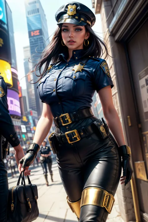 (city, street, times square, long hair, photorealistic, 1girl, fighter, erotic pose, ), best quality, intricate details, looking at viewer, ultra realistic 8k cg, picture-perfect face, flawless, clean, masterpiece, professional artwork, famous artwork, cinematic lighting, cinematic bloom, perfect face, beautiful face, beautiful eyes, ((perfect female body, narrow waist)), blurry background, boots, breasts, cowboy boots, cowboy, headgear, headband, crowd, depth of field, fingerless gloves, gloves, lace-up gloves, large breasts, leather, leather gloves, looking at viewer, toned body, sunlight, jewelery, (dynamic angle:1.2), (dynamic pose:1.2)
lace-trimmed,  fishnet,  lace trim, hair ornament, gold necklace, earrings, bracelet, armlet,
<lora:Caitlyn:0.2>
((dark blue hair, blue short sleeved police uniform,fitted design, gold trim, brass buttons, double-breasted, high collar, black and gold belt, black leather gloves, police badge, utility belt with pockets, handcuffs, ammunition, blue pants, black leather knee-high boots with gold accents, sturdy and practical design)) <lora:add_detail:1.2>