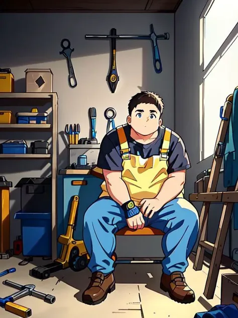 1man,(a male worker working in a workshop),chubby,((stocky)),tools,wrenches,workshop,sitting,gadget,(male focus),(concentrated mind),(near view) <lora:TRAIN_1695219997692547074.safetensors:0.4><lora:TRAIN_1694748089900097537.safetensors:0.3><lora:TRAIN_1659586819432992770.safetensors:0.2>
