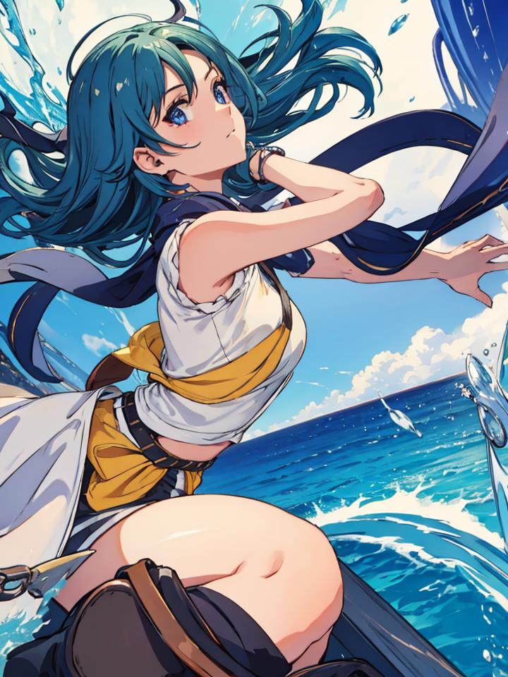 A woman in a white shirt and black pants is holding a sword - SeaArt AI