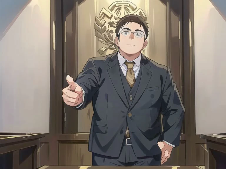 ((a male lawyer pointing straight forward behind a table in the court)),(1man),bara,(chubby:0.8),attorney,attorney badge,court,table,((aside front shot)),objection,neat,mature,confident,justice,best face,best quality,hi res,wide shot <lora:TRAIN_1681894498539622401.safetensors:0.7>