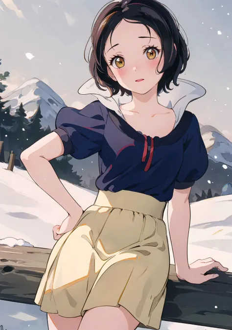 (masterpiece, best quality), 1girl, black hair, snow white, cute, blushing, yellow skirt, looking at viewer <lora:snowWhite_v10:1>