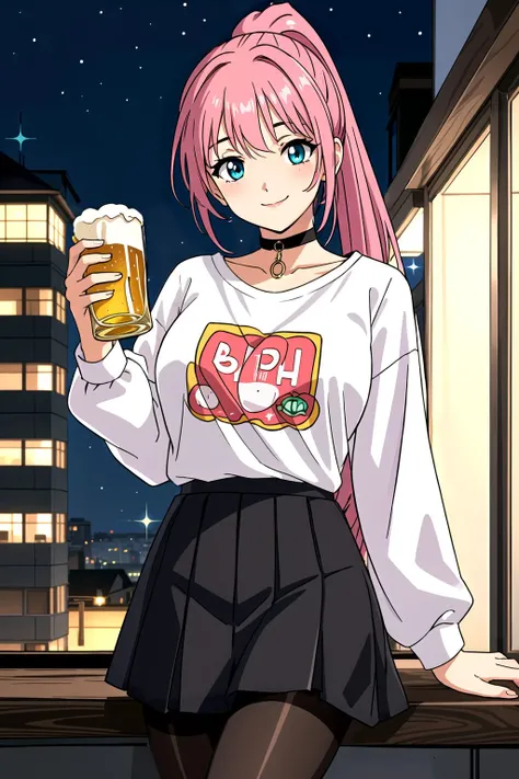 (best quality), (masterpiece), 21 year old Moka, ponytail, holding a beer glass, at a roof party at night, wearing a cute skirt, cute long-sleeve t-shirt, pantyhose, choker, flushed cheeks, looking at viewer, flirty smile, warm atmosphere, <lora:rosarioVampire_v01:0.2>, detailed eyes, sparkling eyes