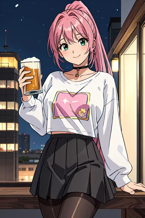 (best quality), (masterpiece), 21 year old Moka, ponytail, holding a beer glass, at a roof party at night, wearing a cute skirt, cute long-sleeve t-shirt, pantyhose, choker, flushed cheeks, looking at viewer, flirty smile, warm atmosphere,  <lora:rosarioVampire_v01:0.2>