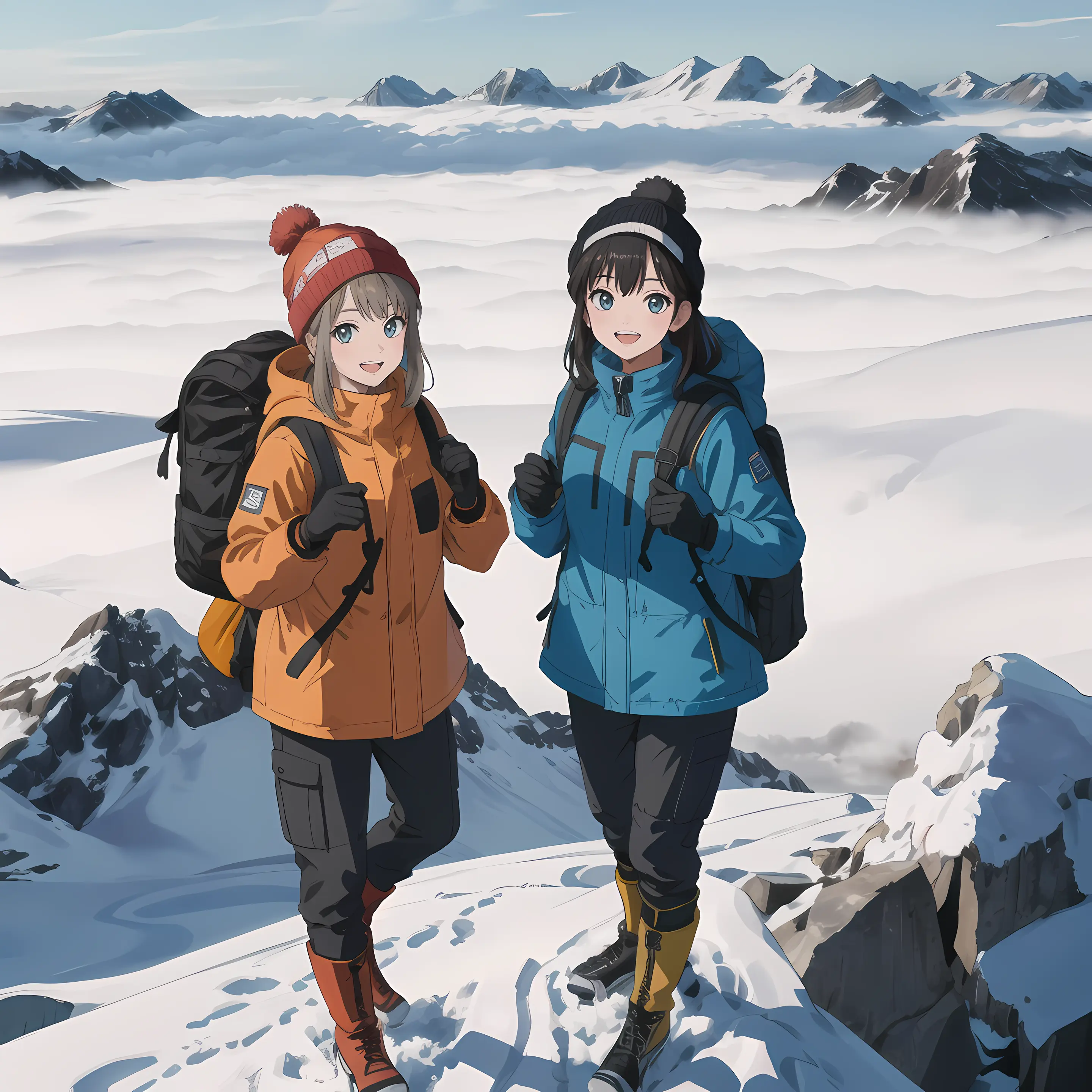 viewed from front, Best Quality, Masterpiece, Photograph, of 2girls, 25 years old, side by side, parka, backpack, gloves, woolly hats, padded trousers, boots, (standing on top of a mountain, above the clouds), (happy, cheering), beautiful snowy mountains in the distance,