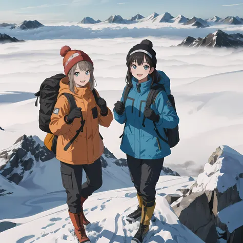 viewed from front, Best Quality, Masterpiece, Photograph, of 2girls, 25 years old, side by side, parka, backpack, gloves, woolly hats, padded trousers, boots, (standing on top of a mountain, above the clouds), (happy, cheering), beautiful snowy mountains in the distance, 