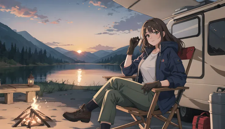 Best Quality, Masterpiece,1girl, solo, 25 years old, brown hair, outdoor jacket, cargo pants, long thick socks, thick gloves, relaxing on a camper chair by the campfire, late evening, sunset, lake, beautiful mountain range in the background,
