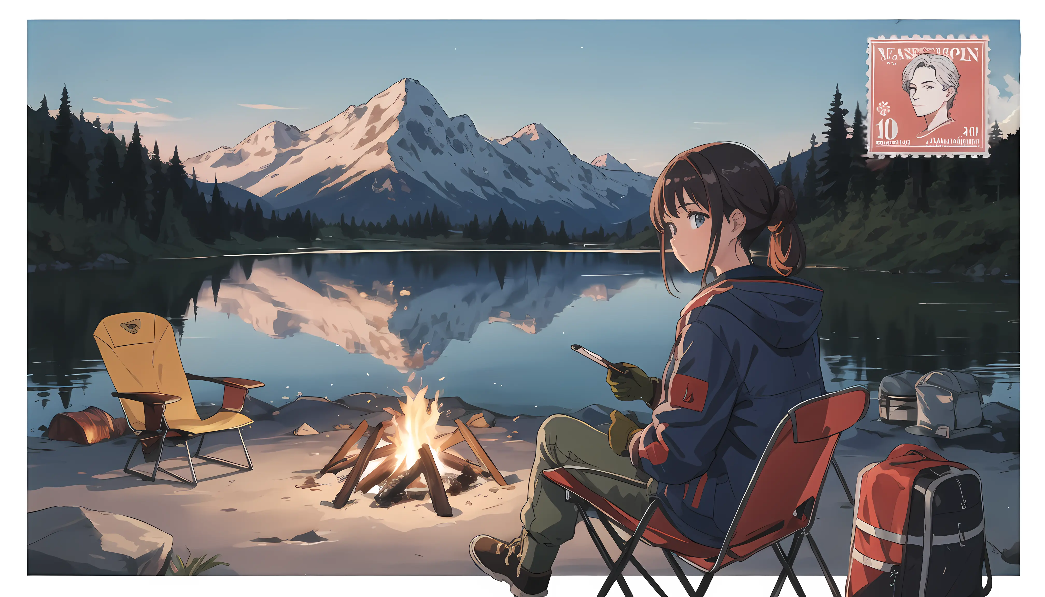 Best Quality, Masterpiece,1girl, 25 years old, hair tied back, outdoor jacket, cargo pants, thick gloves, sitting on a camper chair by the campfire, late evening, lake, beautiful mountain range in the background,