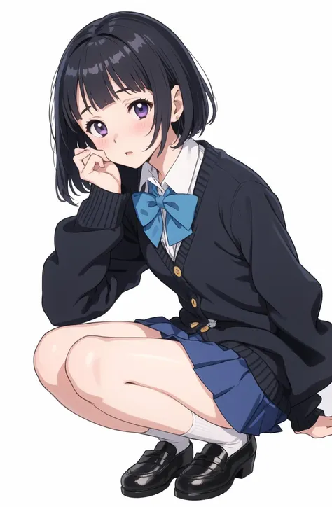 rating:safe, 1girl, solo, manga , long sleeves, white background, full body ,  {{{{Tamako Love Story style  }}}} , blush,[ medium hair], simple background,{{{ black hair}}},purple eyes,School uniform, blue cardigan, striped skirt blue , white shirt, blue bow tie [Five fingers on one hand],{{{blunt bangs}}}